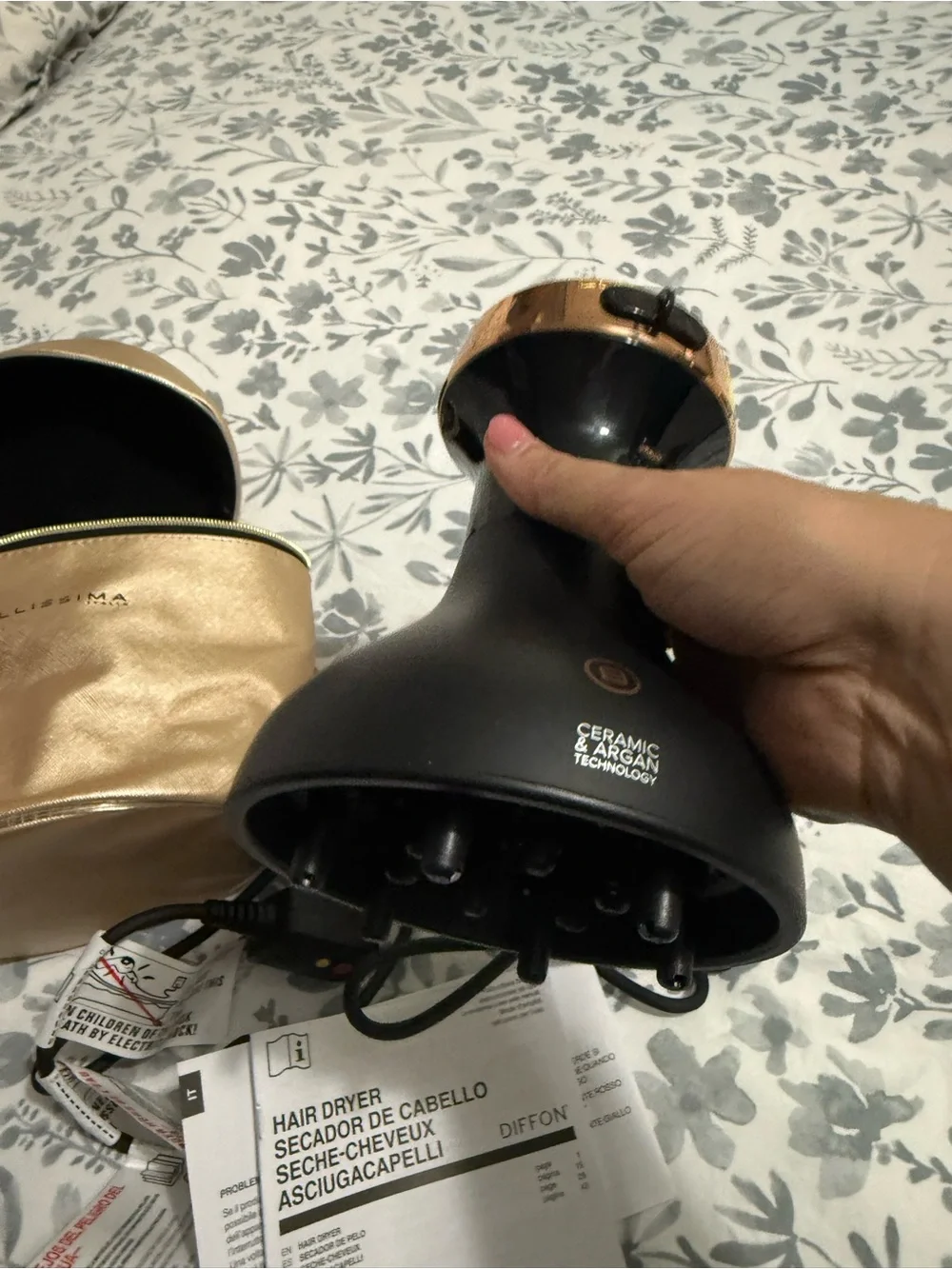 Bellissima Gold & Black Travel Hair Dryer with Gold Pouch